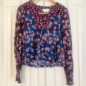Anthropologie Cotton Blend Floral Long Sleeved VNeck Blouse Cottagecore Size XS